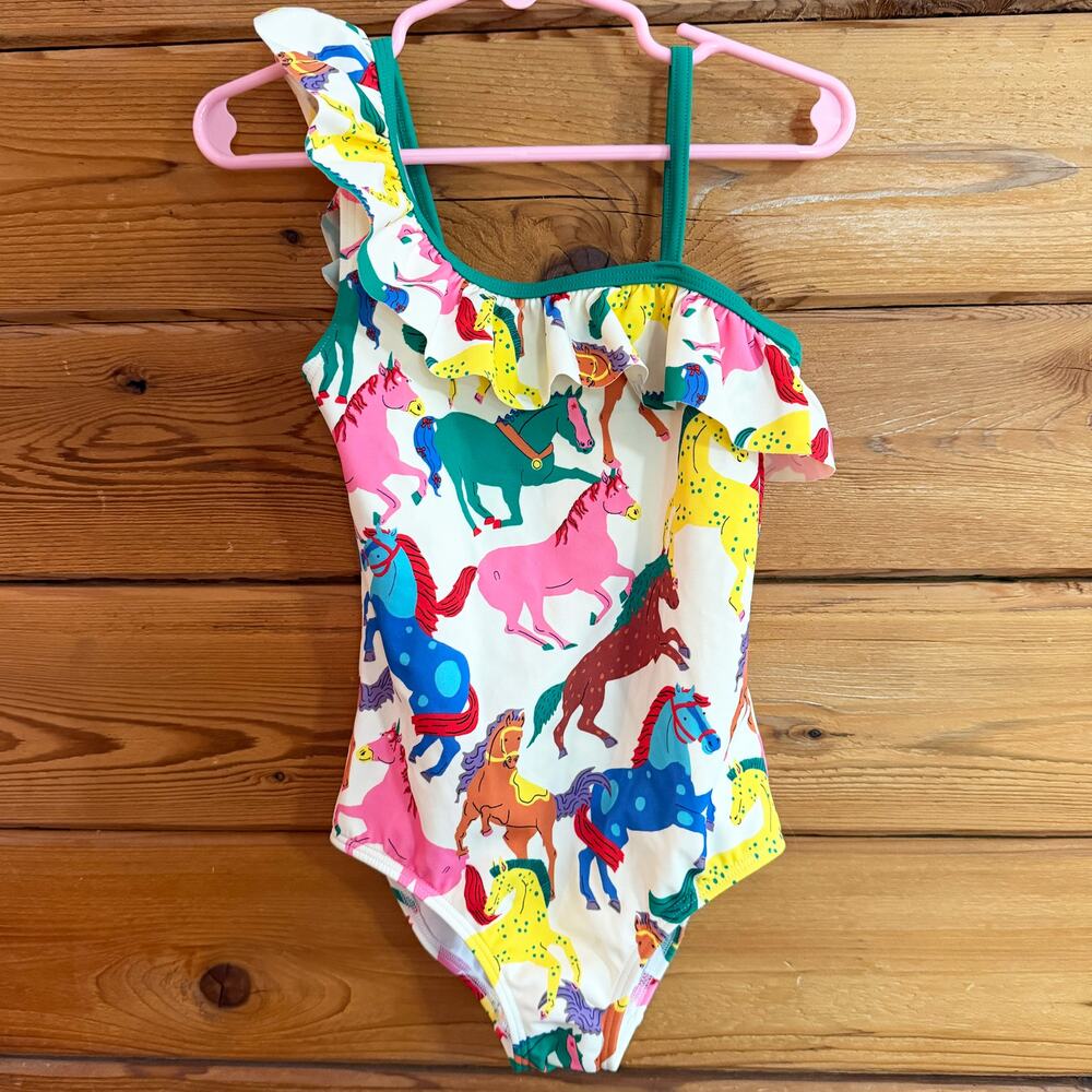 Mini Boden Girls Colorful Horse Print Ruffle One Piece Swimsuit Size 5-6Y